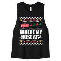 WHERE MY HOSE AT Funny Fireman Ugly Christmas Sweater Meme Women's Racerback Cropped Tank