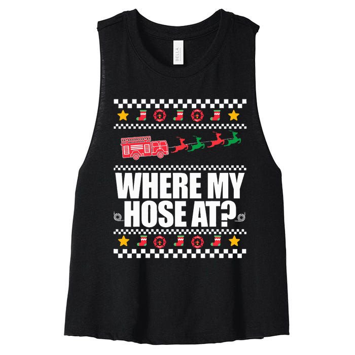 WHERE MY HOSE AT Funny Fireman Ugly Christmas Sweater Meme Women's Racerback Cropped Tank