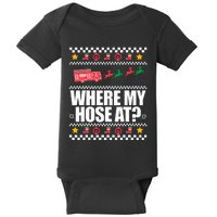 WHERE MY HOSE AT Funny Fireman Ugly Christmas Sweater Meme Baby Bodysuit