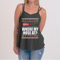 WHERE MY HOSE AT Funny Fireman Ugly Christmas Sweater Meme Women's Strappy Tank