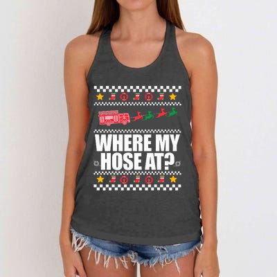 WHERE MY HOSE AT Funny Fireman Ugly Christmas Sweater Meme Women's Knotted Racerback Tank