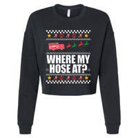 WHERE MY HOSE AT Funny Fireman Ugly Christmas Sweater Meme Cropped Pullover Crew