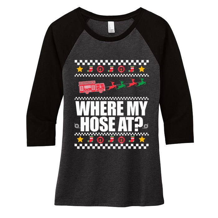 WHERE MY HOSE AT Funny Fireman Ugly Christmas Sweater Meme Women's Tri-Blend 3/4-Sleeve Raglan Shirt