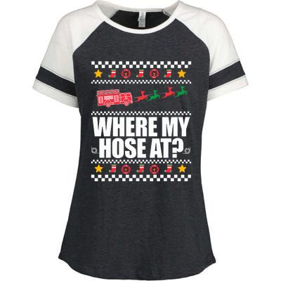 WHERE MY HOSE AT Funny Fireman Ugly Christmas Sweater Meme Enza Ladies Jersey Colorblock Tee