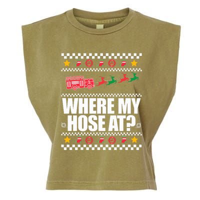 WHERE MY HOSE AT Funny Fireman Ugly Christmas Sweater Meme Garment-Dyed Women's Muscle Tee