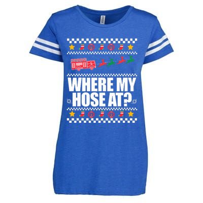 WHERE MY HOSE AT Funny Fireman Ugly Christmas Sweater Meme Enza Ladies Jersey Football T-Shirt