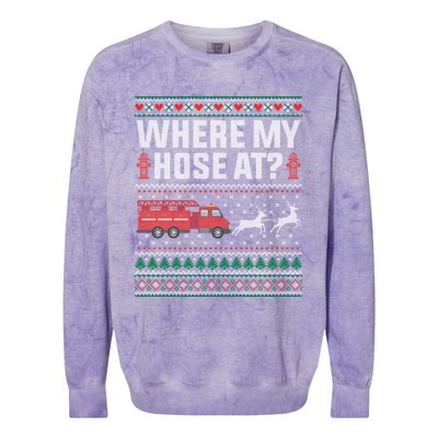 Where My Hose At Firefighter Ugly Christmas Sweater Gift Colorblast Crewneck Sweatshirt