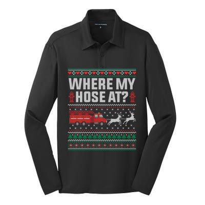 Where My Hose At Firefighter Ugly Christmas Sweater Gift Silk Touch Performance Long Sleeve Polo