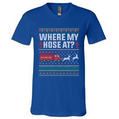 Where My Hose At Firefighter Ugly Christmas Sweater Gift V-Neck T-Shirt