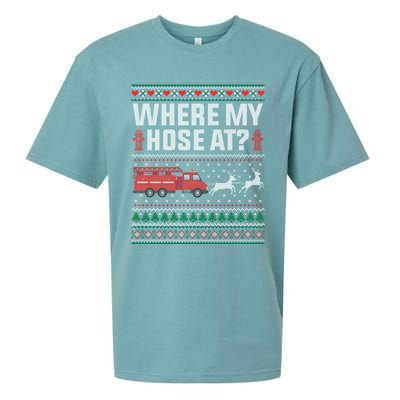 Where My Hose At Firefighter Ugly Christmas Sweater Gift Sueded Cloud Jersey T-Shirt