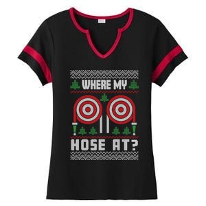 Where My Hose At Fire Funny Firefighter Ugly Christmas Gift Ladies Halftime Notch Neck Tee