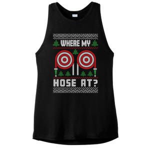 Where My Hose At Fire Funny Firefighter Ugly Christmas Gift Ladies PosiCharge Tri-Blend Wicking Tank