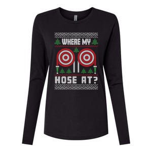 Where My Hose At Fire Funny Firefighter Ugly Christmas Gift Womens Cotton Relaxed Long Sleeve T-Shirt