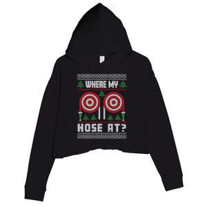 Where My Hose At Fire Funny Firefighter Ugly Christmas Gift Crop Fleece Hoodie