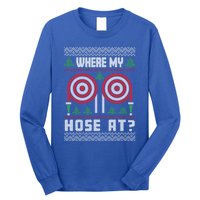 Where My Hose At Fire Funny Firefighter Ugly Christmas Gift Long Sleeve Shirt