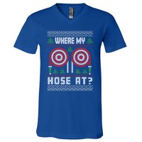 Where My Hose At Fire Funny Firefighter Ugly Christmas Gift V-Neck T-Shirt