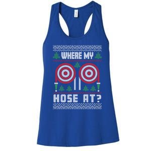 Where My Hose At Fire Funny Firefighter Ugly Christmas Gift Women's Racerback Tank