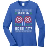 Where My Hose At Fire Funny Firefighter Ugly Christmas Gift Ladies Long Sleeve Shirt