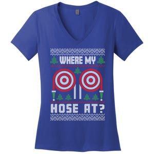 Where My Hose At Fire Funny Firefighter Ugly Christmas Gift Women's V-Neck T-Shirt