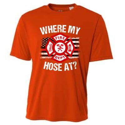 Where My Hose At Firefighter Thin Red Line Flag Fire Gift Cooling Performance Crew T-Shirt