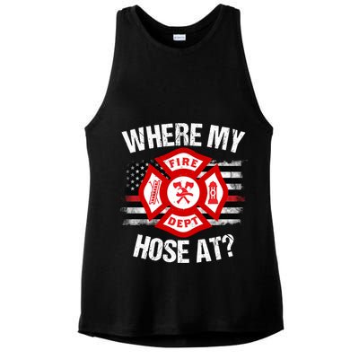 Where My Hose At Firefighter Thin Red Line Flag Fire Gift Ladies PosiCharge Tri-Blend Wicking Tank