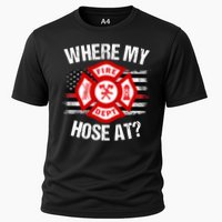 Where My Hose At Firefighter Thin Red Line Flag Fire Gift Cooling Performance Crew T-Shirt