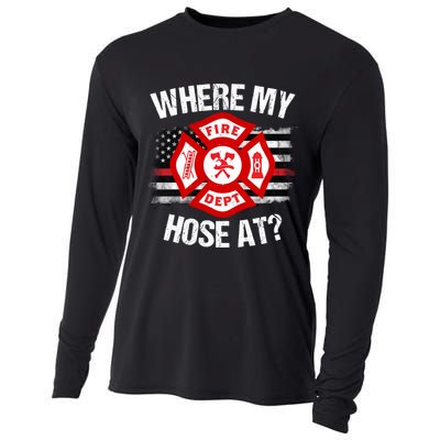 Where My Hose At Firefighter Thin Red Line Flag Fire Gift Cooling Performance Long Sleeve Crew