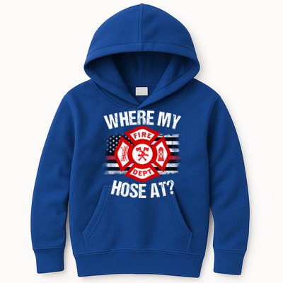 Where My Hose At Firefighter Thin Red Line Flag Fire Gift Kids Hoodie