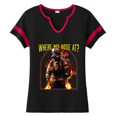 Where My Hose At Fire Firefighter Fire Rescue Cute Gift Ladies Halftime Notch Neck Tee