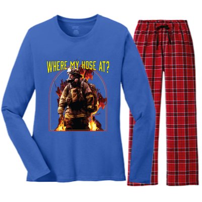 Where My Hose At Fire Firefighter Fire Rescue Cute Gift Women's Long Sleeve Flannel Pajama Set 