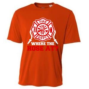 Where My Hose At Funny Firefighter Fire Rescue Cute Gift Cooling Performance Crew T-Shirt