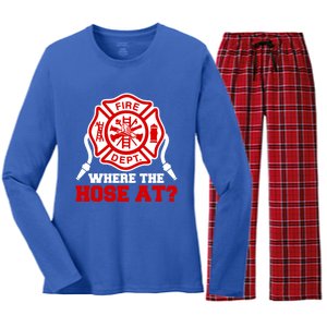 Where My Hose At Funny Firefighter Fire Rescue Cute Gift Women's Long Sleeve Flannel Pajama Set 