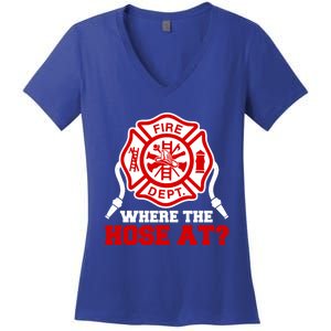 Where My Hose At Funny Firefighter Fire Rescue Cute Gift Women's V-Neck T-Shirt