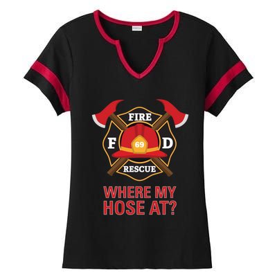 Where My Hose At Funny Firefighter Gift Ladies Halftime Notch Neck Tee