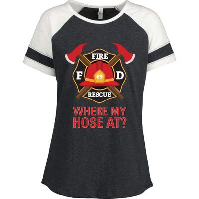 Where My Hose At Funny Firefighter Gift Enza Ladies Jersey Colorblock Tee