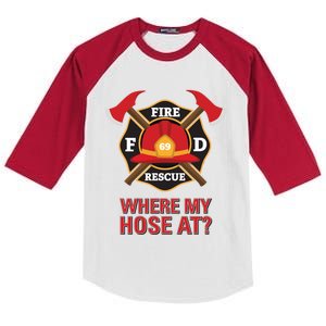 Where My Hose At Funny Firefighter Gift Kids Colorblock Raglan Jersey