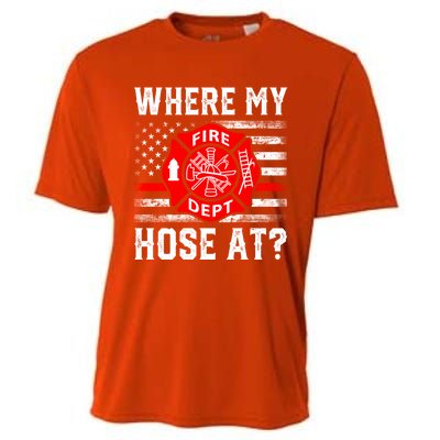 Where My Hose At Firefighter Fire Patriotic Usa Flag Gift Cooling Performance Crew T-Shirt