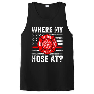 Where My Hose At Firefighter Fire Patriotic Usa Flag Gift PosiCharge Competitor Tank