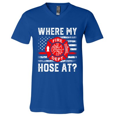 Where My Hose At Firefighter Fire Patriotic Usa Flag Gift V-Neck T-Shirt