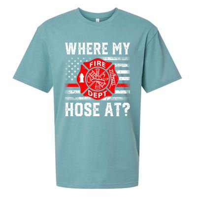 Where My Hose At Firefighter Fire Patriotic Usa Flag Gift Sueded Cloud Jersey T-Shirt