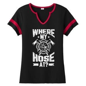 Where My Hose At Funny Fire Firefighter Graphic Great Gift Ladies Halftime Notch Neck Tee