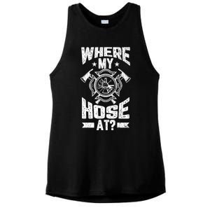 Where My Hose At Funny Fire Firefighter Graphic Great Gift Ladies PosiCharge Tri-Blend Wicking Tank