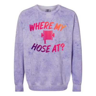 Where My Hose At Sarcastic Saying Tee For Unisex Firefightin Gift Colorblast Crewneck Sweatshirt