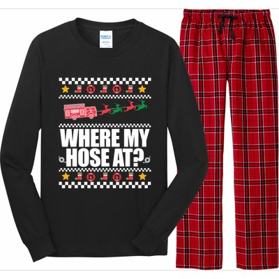 Where My Hose At? Firefighter Ugly Christmas Sweater Meme Cool Gift Long Sleeve Pajama Set