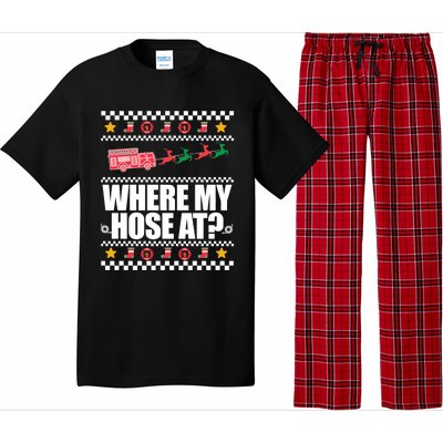 Where My Hose At? Firefighter Ugly Christmas Sweater Meme Cool Gift Pajama Set