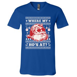 Where My HoS At Funny Ugly Christmas Santa Claus Cute Gift V-Neck T-Shirt