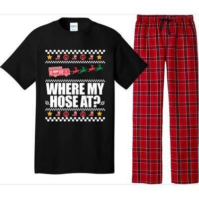 Where My Hose At? Firefighter Ugly Christmas Sweater Meme Gift Pajama Set