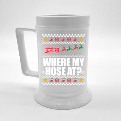 Where My Hose At? Firefighter Ugly Christmas Sweater Meme Gift Beer Stein