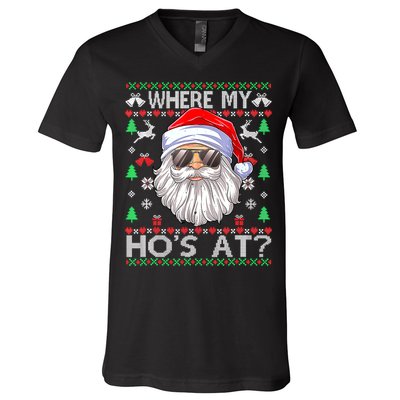 Where My Hos At Christmas Santa Adult Humor Funny Santa Ugly V-Neck T-Shirt