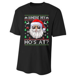 Where My Hos At Christmas Santa Adult Humor Funny Santa Ugly Performance Sprint T-Shirt